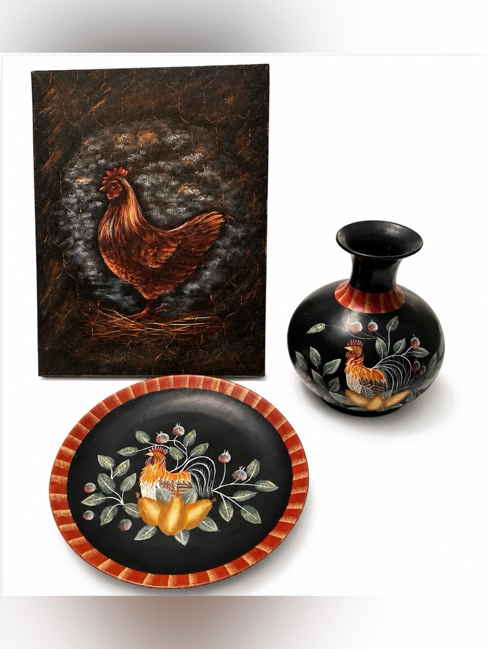 Rooster Lot including Print, Plate, & Vase Decorative Home Lot